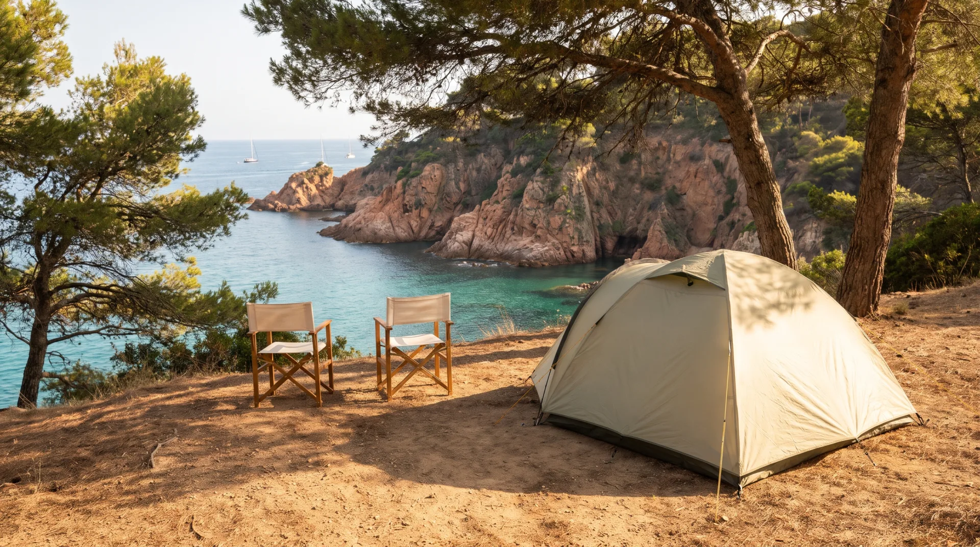 Beige koepeltent en twee klapstoelen op een klif met uitzicht over een rotsachtige baai aan de Costa Brava.