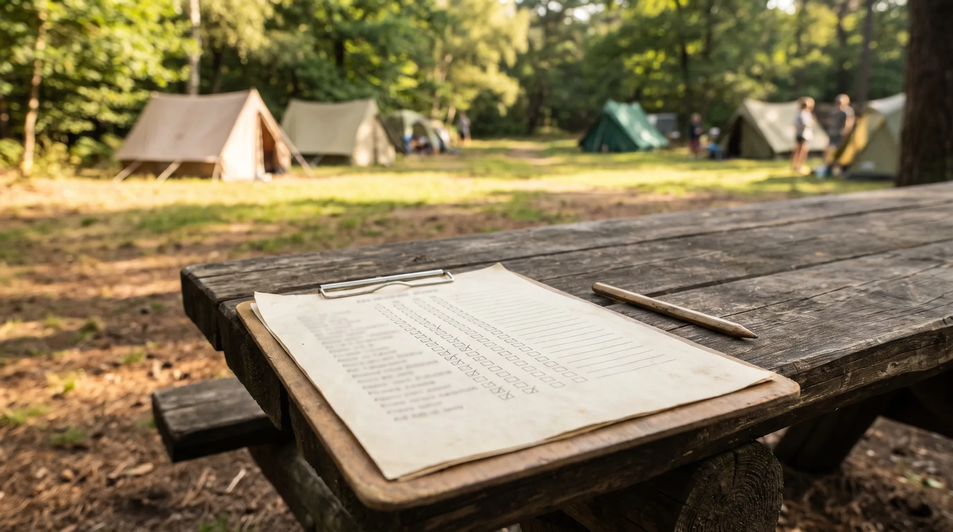 Een klembord met een checklist en potlood op een houten picknicktafel, met tenten tussen de bomen op de achtergrond.
