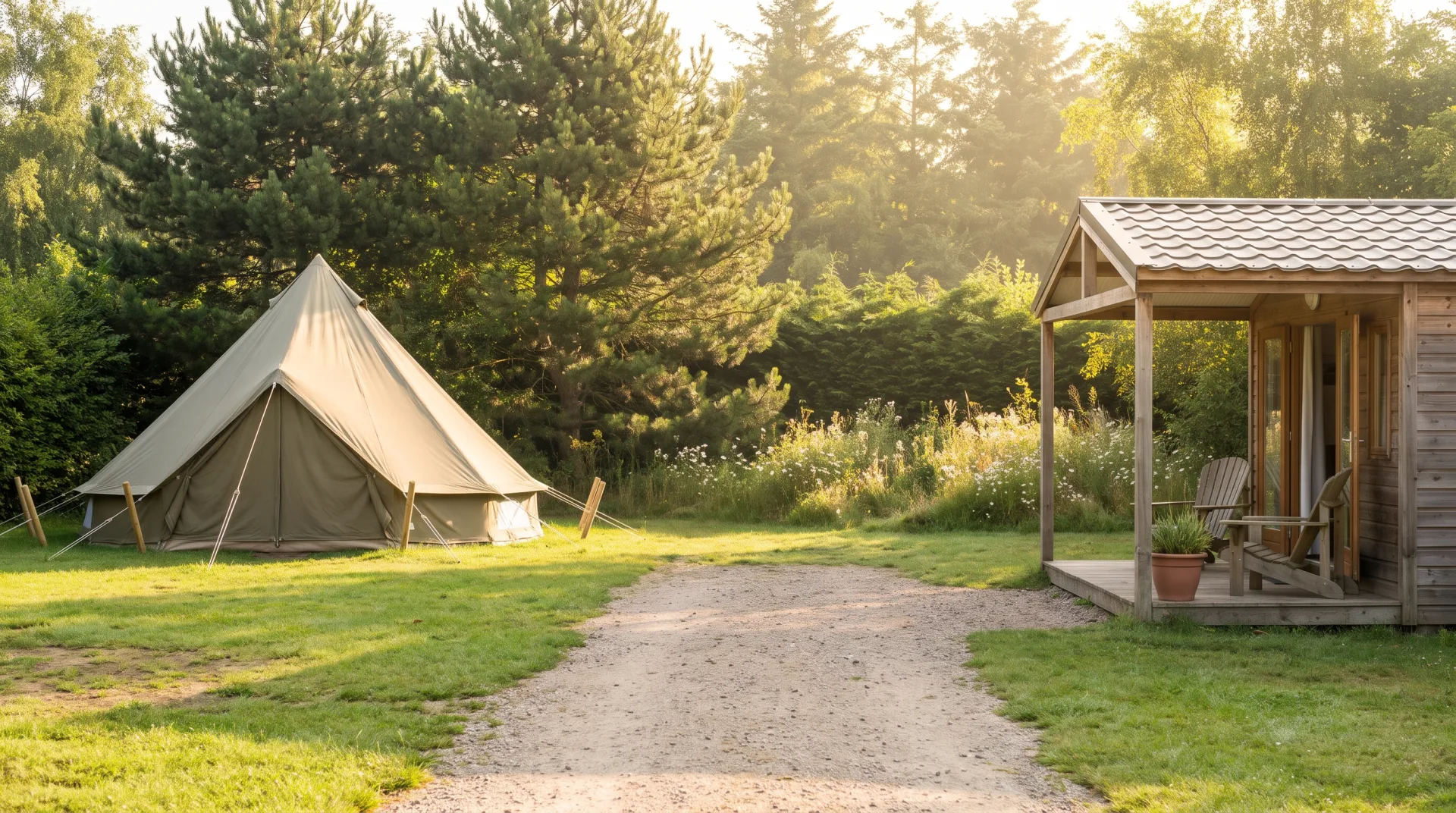 Een beige belltent en een houten chalet staan aan weerszijden van een grindpad op een groen veld met bomen.