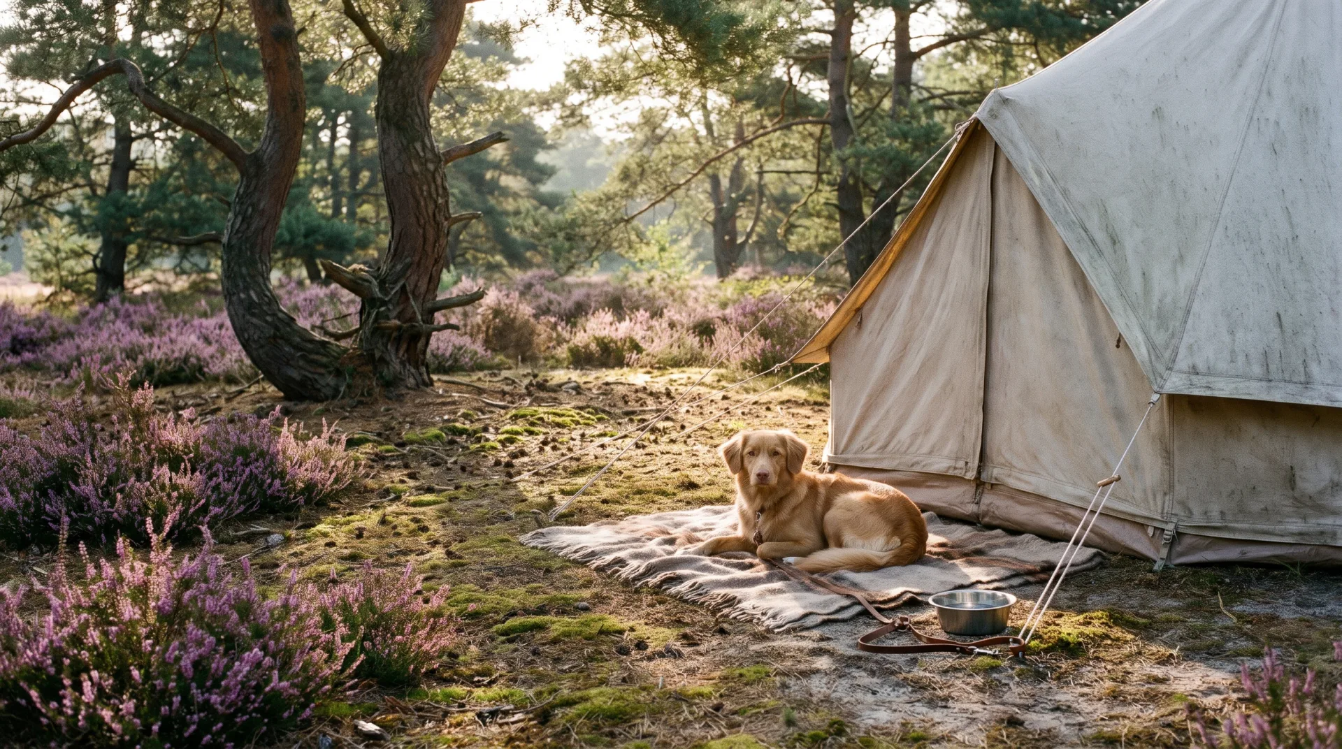 Een goudbruine hond ligt op een kleed naast een tent tussen bloeiende paarse heide en bomen.