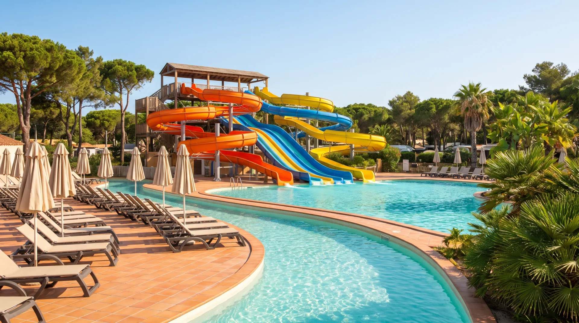 Oranje, gele en blauwe glijbanen boven een zwembad met lazy river, omgeven door ligbedden en bomen.