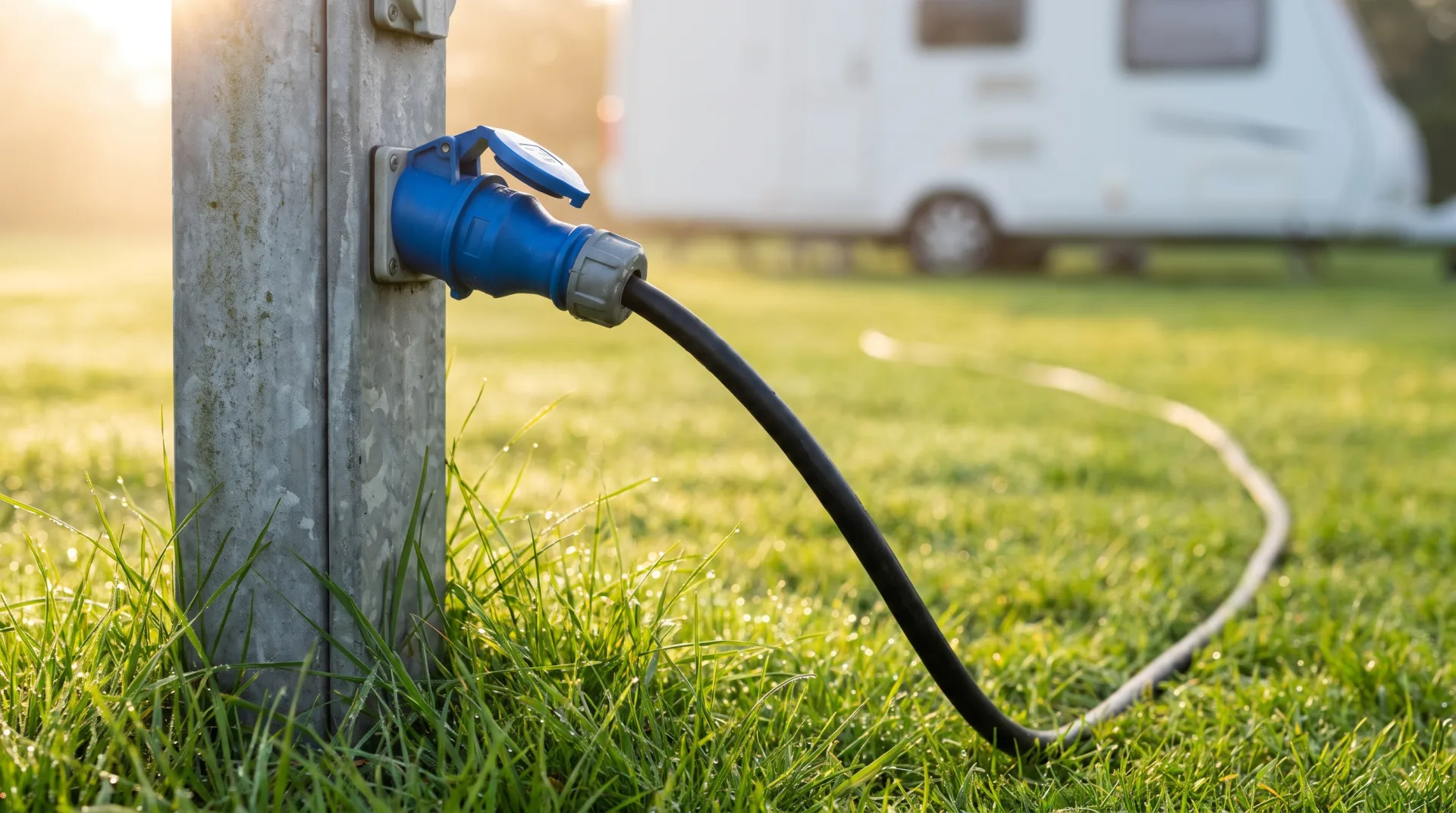 Een blauwe campingstekker in een stroompaal op het gras, met op de achtergrond een caravan.