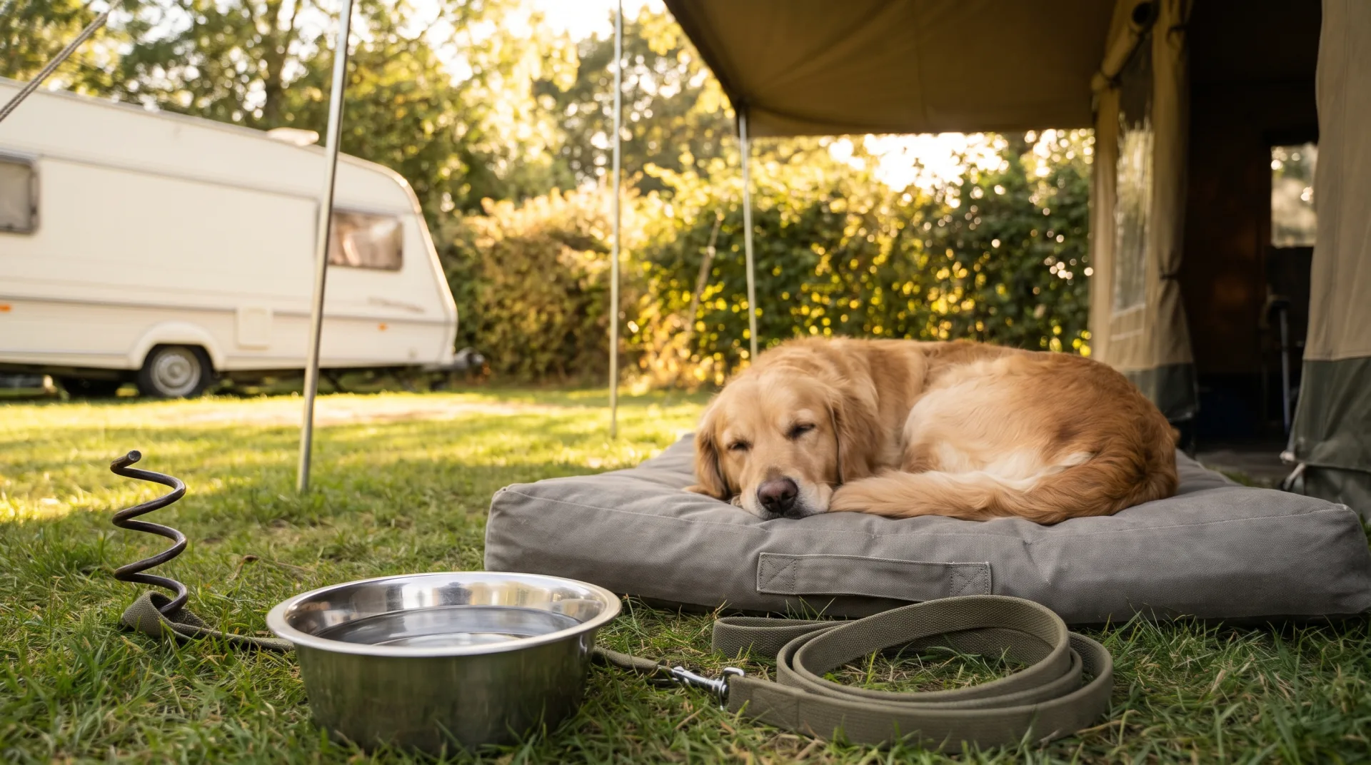 Een golden retriever slaapt op een grijs kussen onder een luifel op de camping, naast een waterbak.