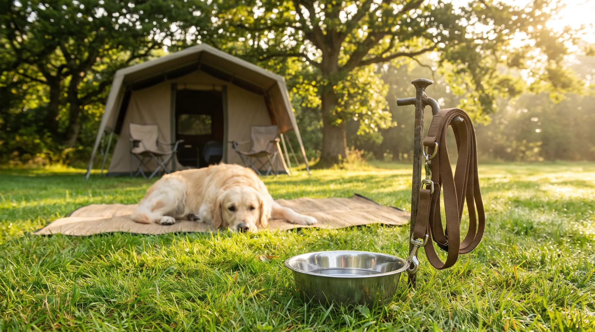 Een golden retriever ligt voor een tent op een zonnige camping, met een waterbak en hondenriem in het gras.