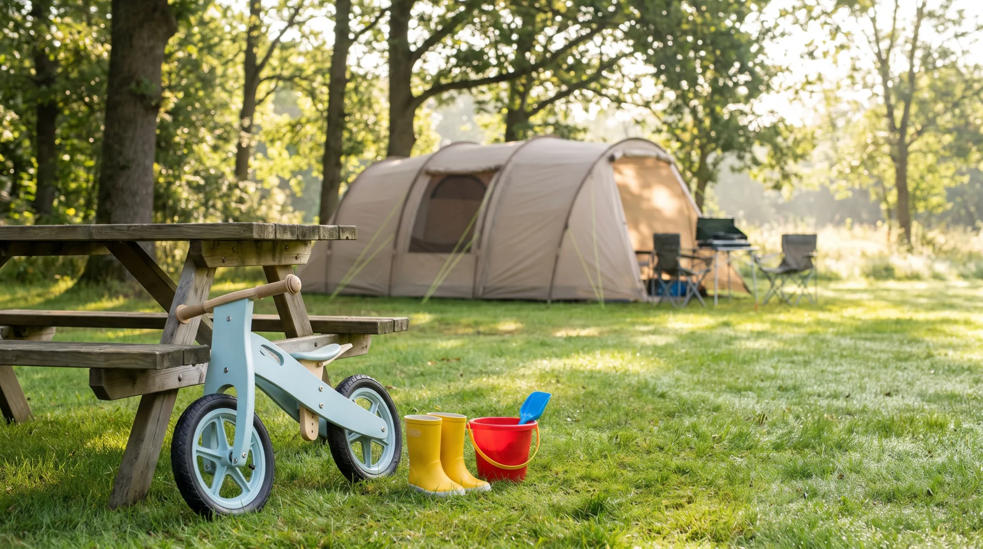 Een blauwe loopfiets en gele laarsjes bij een picknicktafel, met op de achtergrond een tent tussen de bomen.