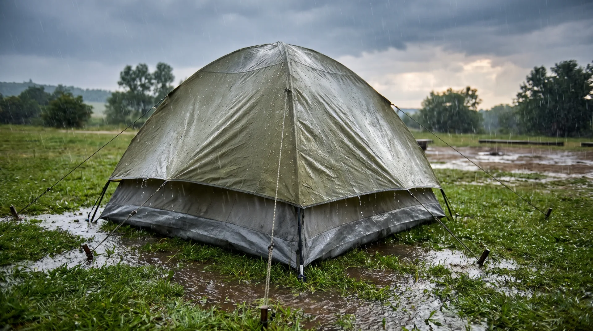 Een natte groene tent in de stromende regen op een grasveld vol plassen onder een donkere lucht.