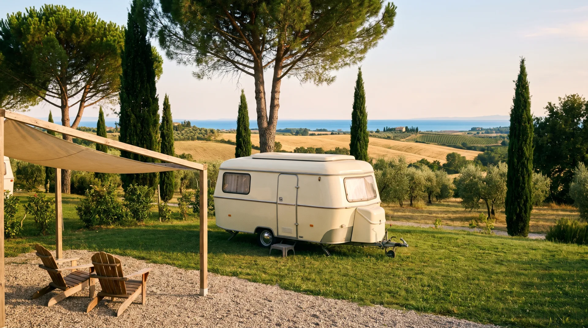 Een beige caravan op een grasveld met uitzicht op cipressen, glooiende heuvels en de Toscaanse kust.