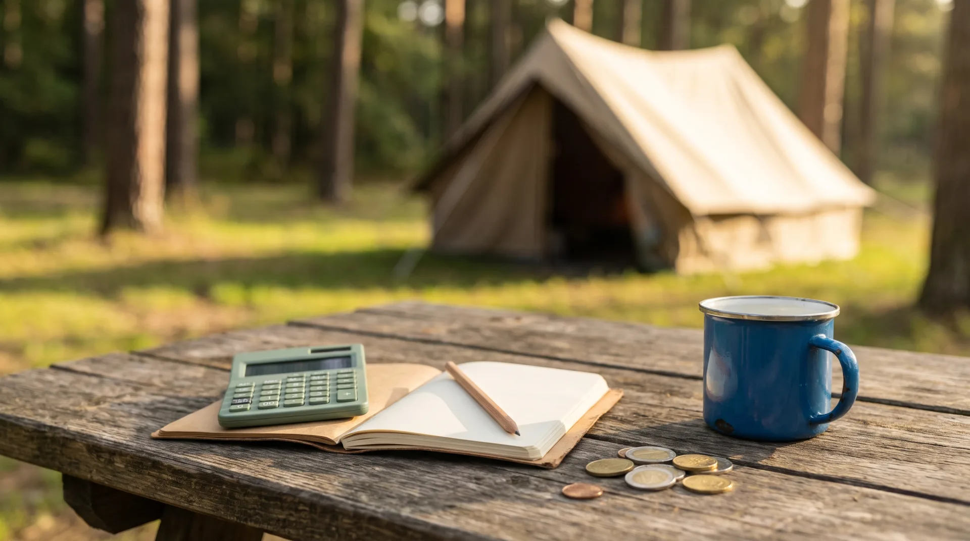 Een rekenmachine, notitieboekje, munten en blauwe mok op een houten tafel voor een tent in het bos.