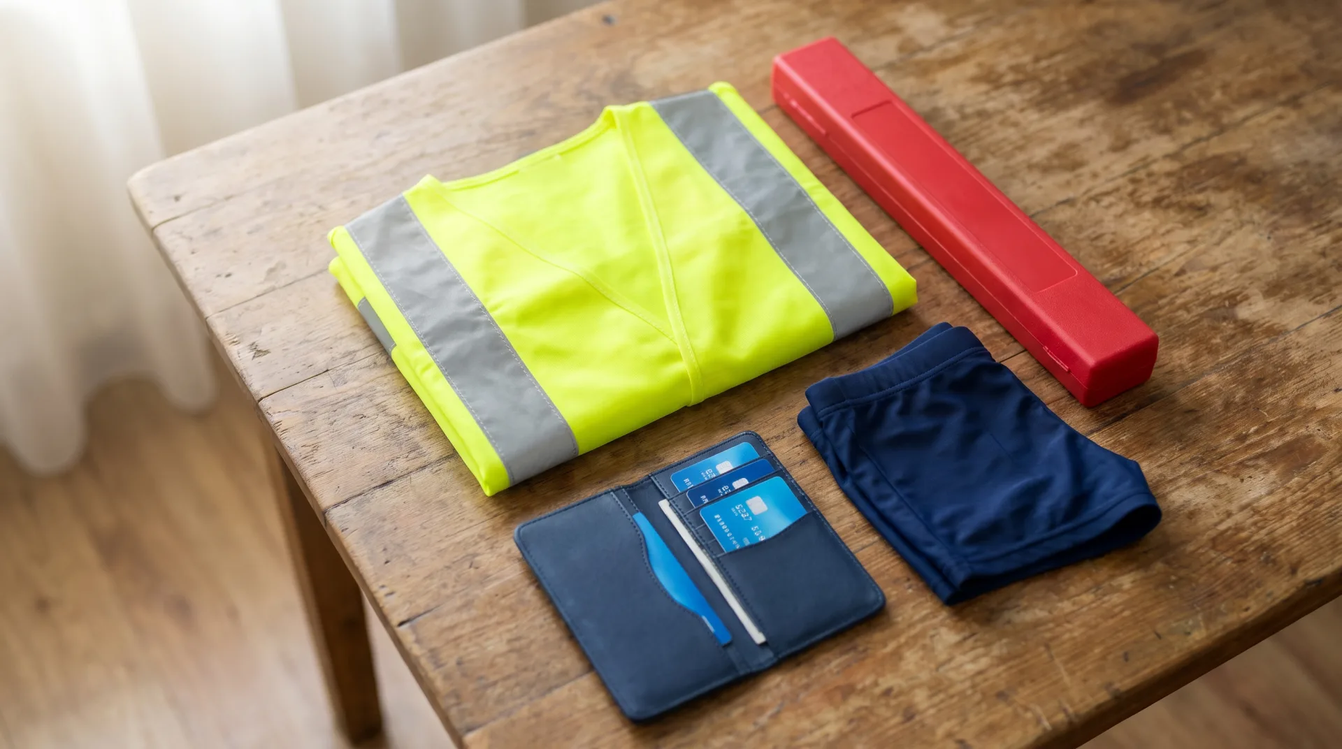 Een geel veiligheidshesje, rode koker, pasjeshouder en blauwe zwembroek op een houten tafel.