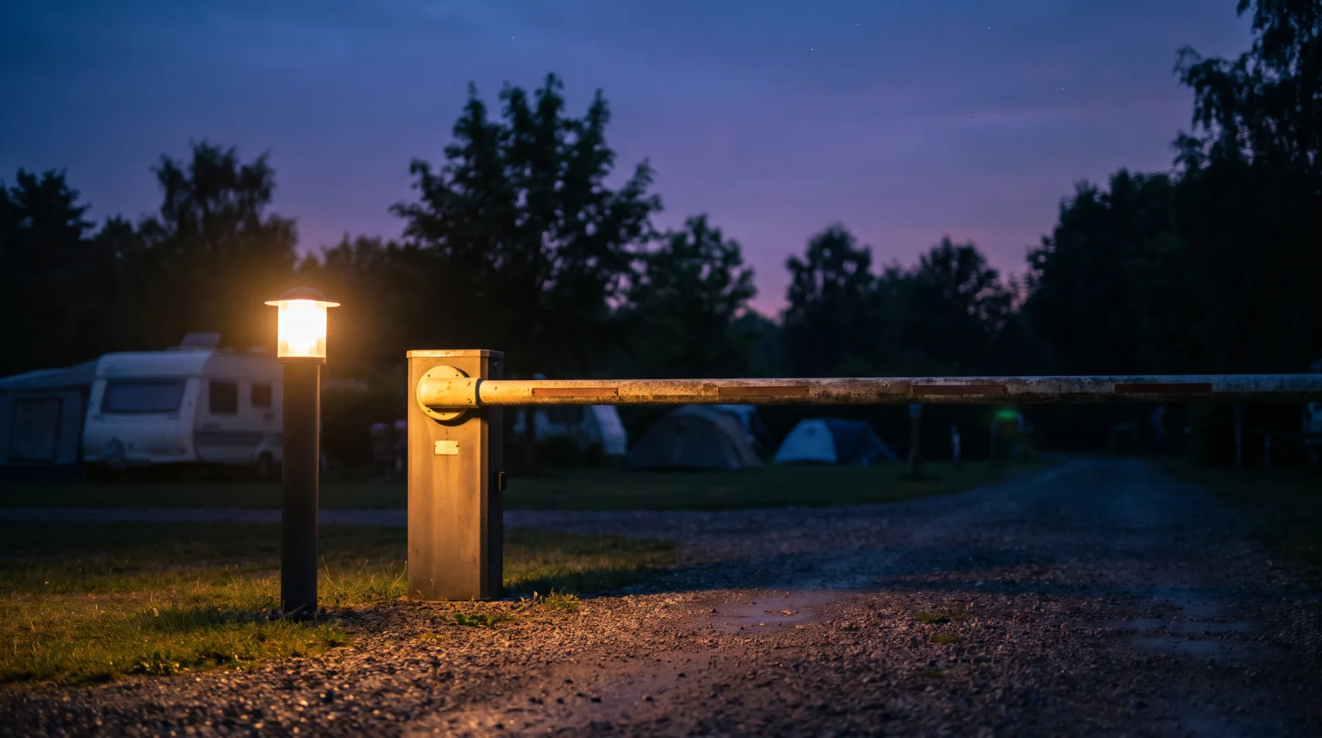 Een gesloten slagboom bij een brandende lantaarnpaal op een schemerige camping met tenten en een caravan.