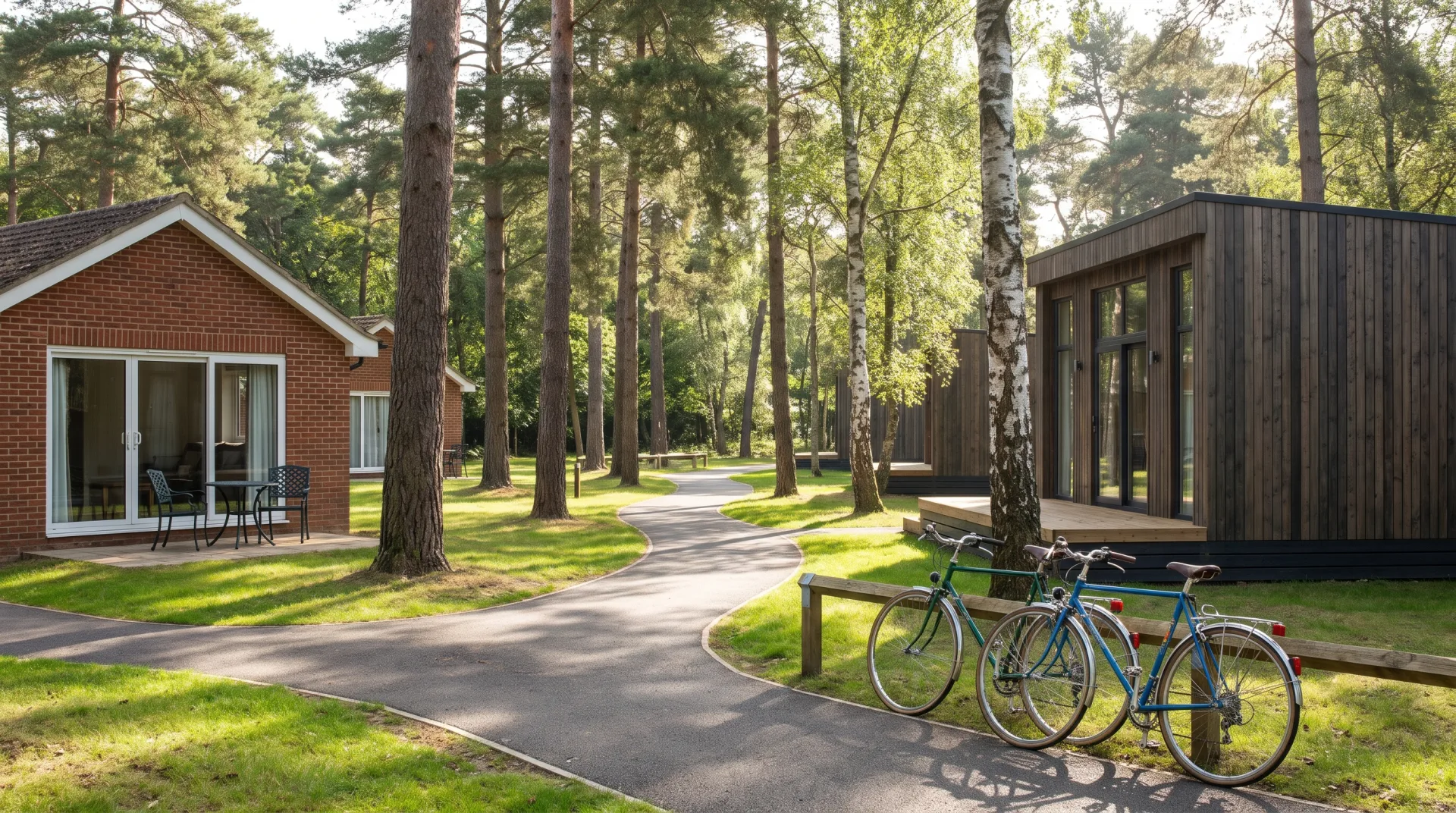 Vakantiehuisjes langs een slingerend bospad op een vakantiepark, met twee fietsen op de voorgrond.