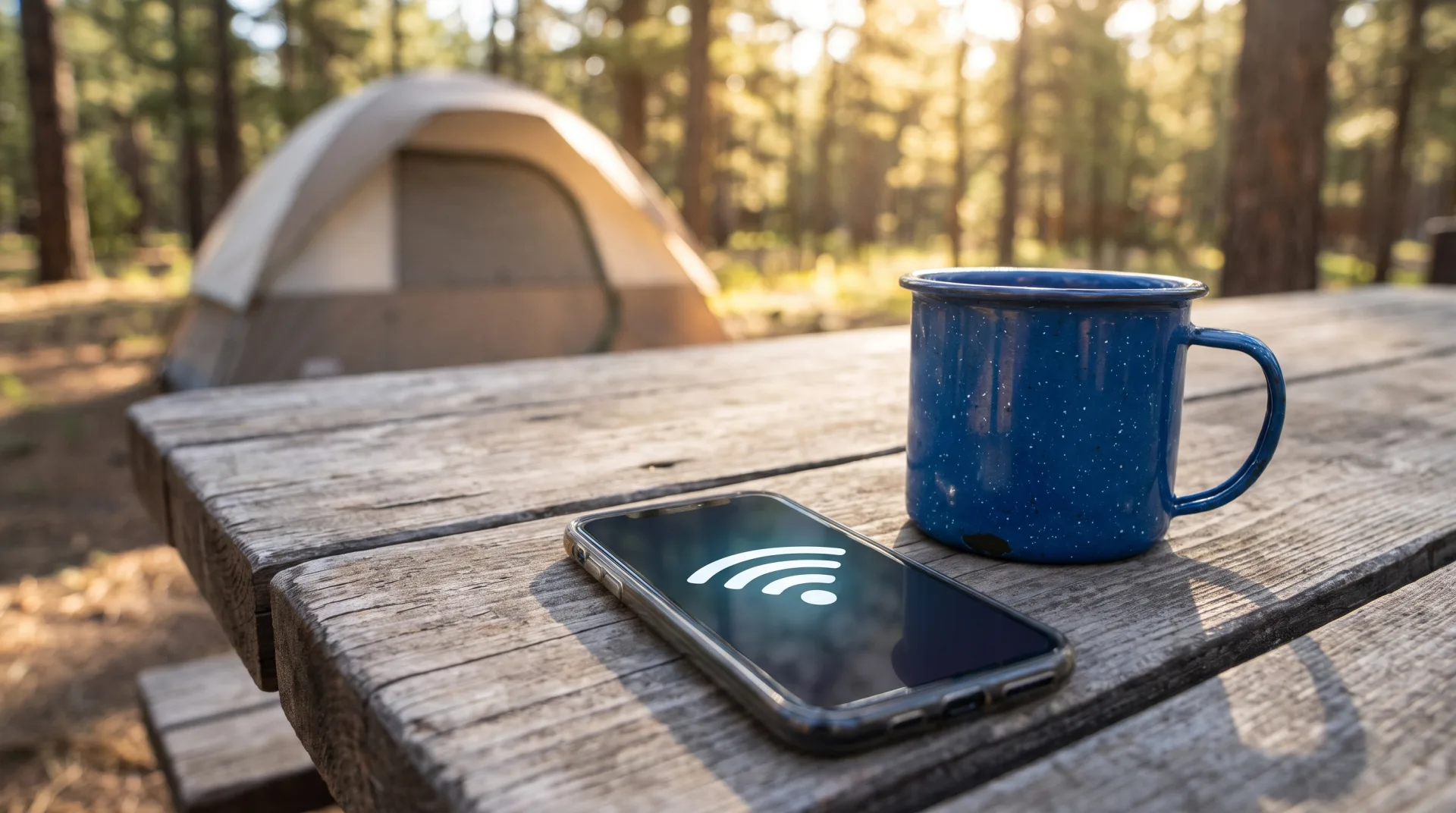 Een smartphone met een wifi-icoon en een blauwe mok op een houten tafel, met een tent in het bos op de achtergrond.
