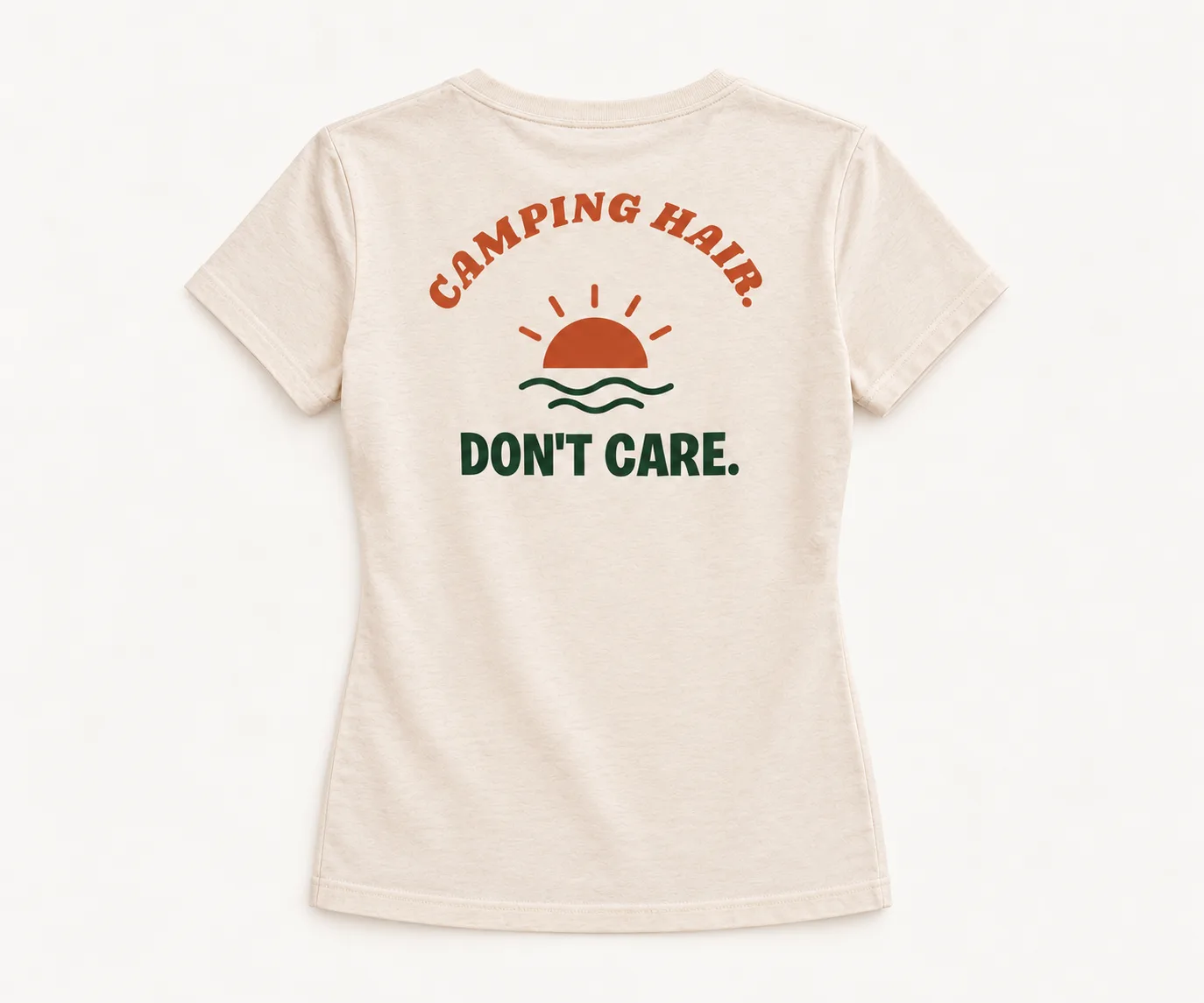 Camping Hair. Don’t Care., T-shirt dames, ecru, rugzijde (ontwerpweergave)