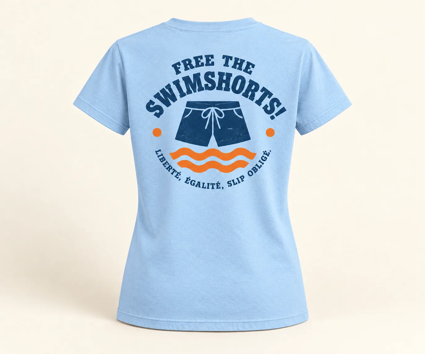 Free the Swimshorts!, T-shirt dames, lichtblauw, rugzijde (ontwerpweergave)