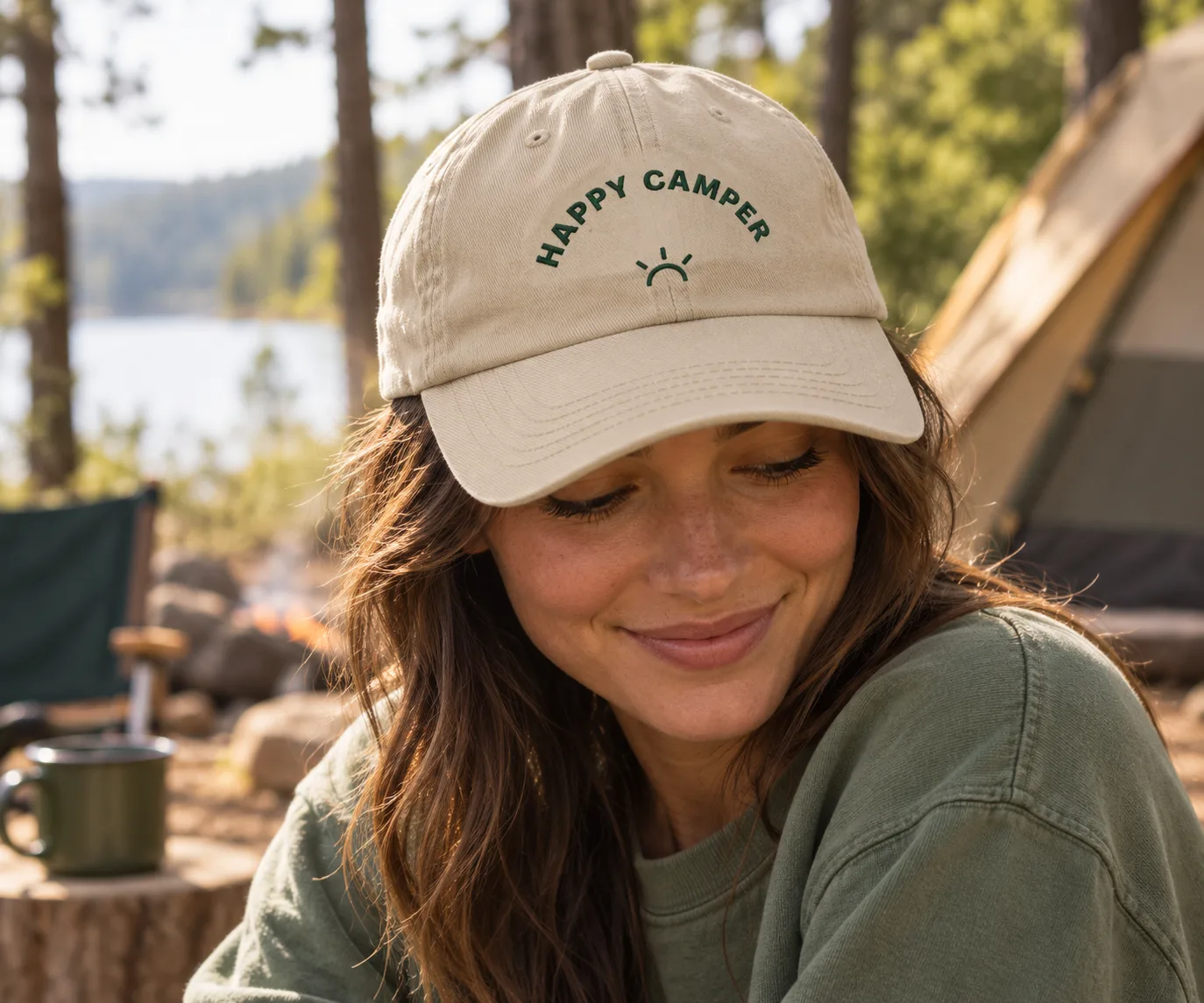Happy Camper, beige, gedragen (ontwerpweergave)